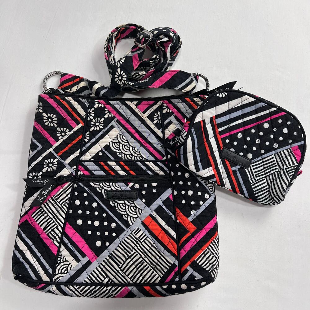 Vera Bradley Zebra Pattern Crossbody Purse & Cosmetic Bag Set Black White Pink